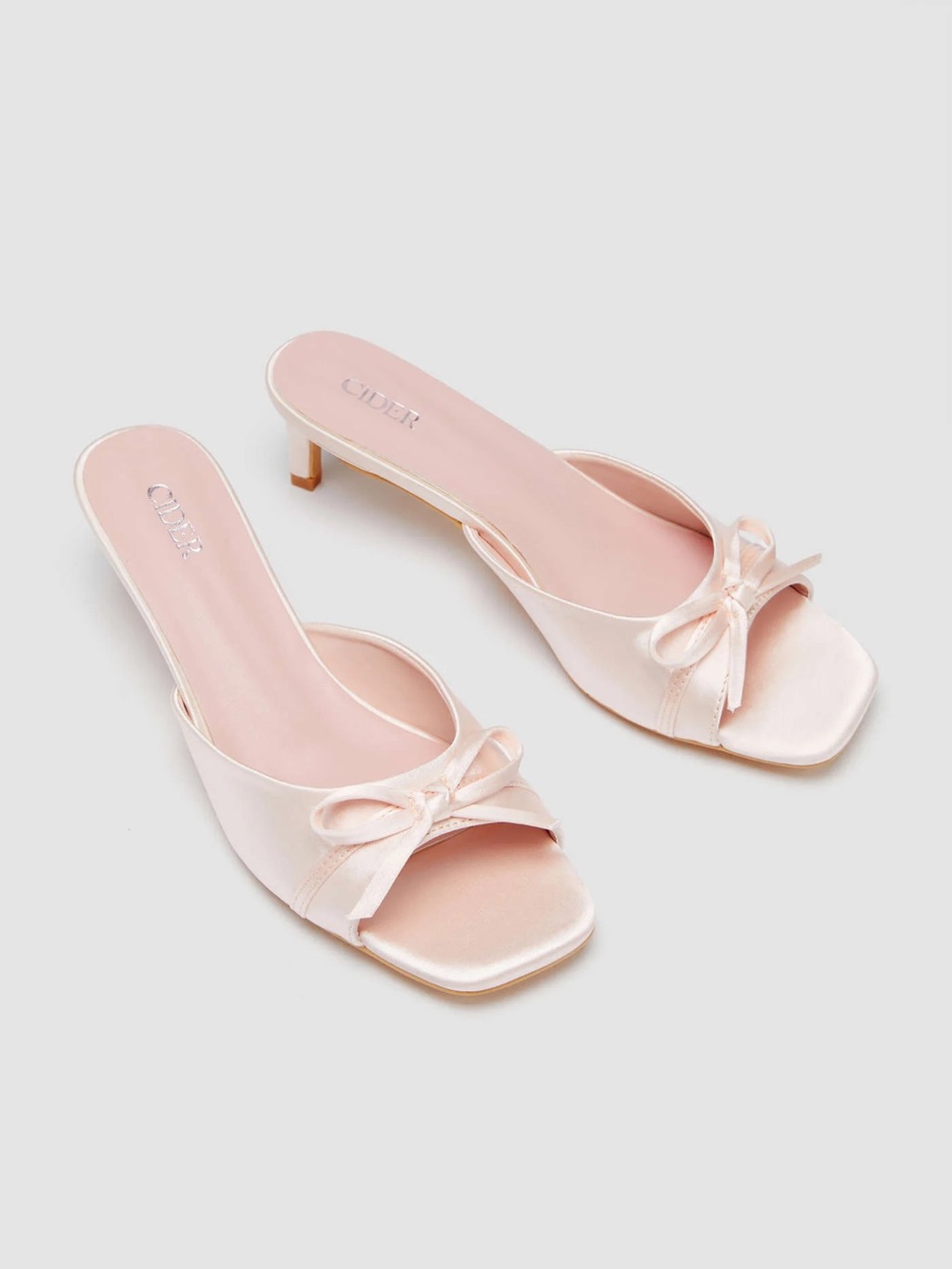 Cider Satin Blush Pink Bow Square-Toe Slide Mules